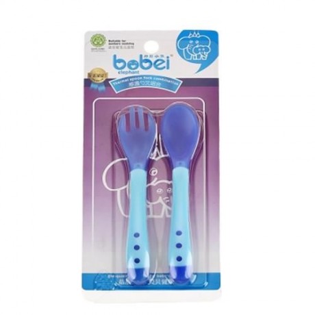 BOBEIELEPHANT PORTABLE TEMPERATURE CHANGING COLOR BABIES SILICONE FORK SPOON SET (BLUE)