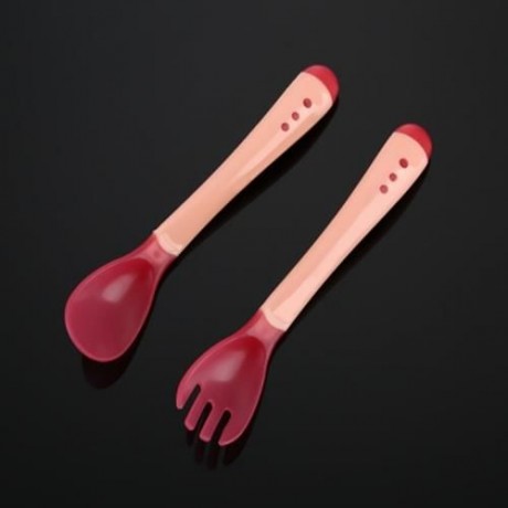 BOBEIELEPHANT PORTABLE TEMPERATURE CHANGING COLOR BABIES SILICONE FORK SPOON SET (RED)