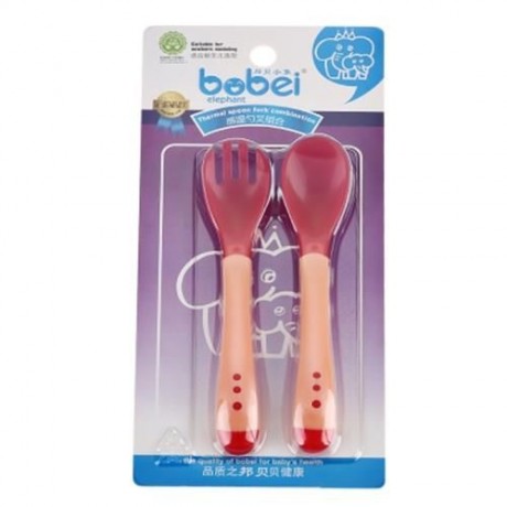 BOBEIELEPHANT PORTABLE TEMPERATURE CHANGING COLOR BABIES SILICONE FORK SPOON SET (RED)