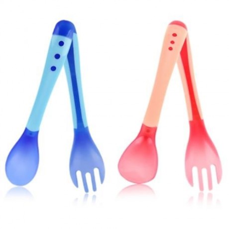 BOBEIELEPHANT PORTABLE TEMPERATURE CHANGING COLOR BABIES SILICONE FORK SPOON SET (RED)