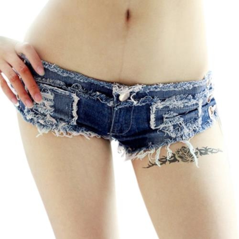 SEXY LOW WAIST LACE-UP FRAYED DENIM WOMEN SHORT JEANS (BLUE)