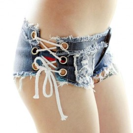 SEXY LOW WAIST LACE-UP FRAYED DENIM WOMEN SHORT JEANS (BLUE)