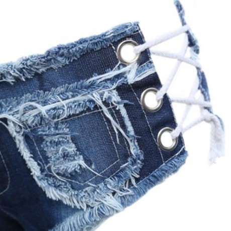SEXY LOW WAIST LACE-UP FRAYED DENIM WOMEN SHORT JEANS (BLUE)