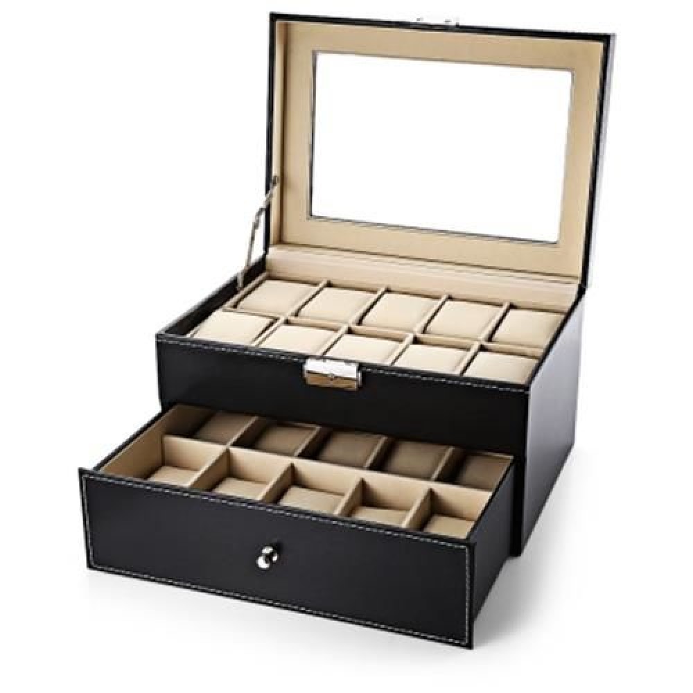 20 GRIDS MULTIFUNCTIONAL DRAWER-STYLE PU WATCH DISPLAY BOX (BLACK)