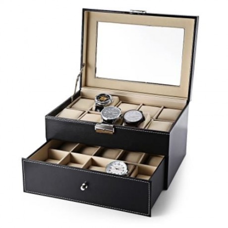 20 GRIDS MULTIFUNCTIONAL DRAWER-STYLE PU WATCH DISPLAY BOX (BLACK)