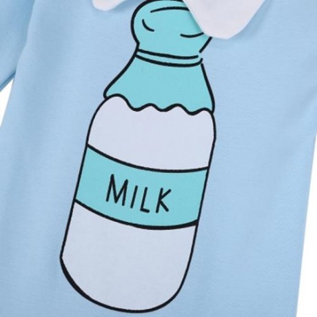 RABBIT BEIEN COTTON CUTE ROUND COLLAR BABY MILK PRINT JUMPSUIT (BLUE)