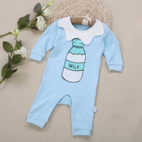 RABBIT BEIEN COTTON CUTE ROUND COLLAR BABY MILK PRINT JUMPSUIT (BLUE)