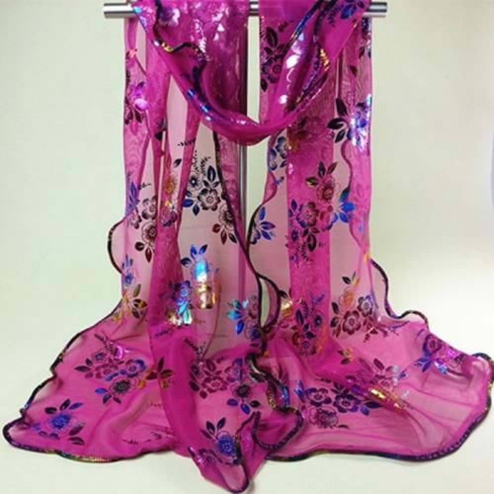 ETHNIC COLORFUL FLOWERS PATTERN COVERED EDGE SOFT SCARF (ROSE RED)