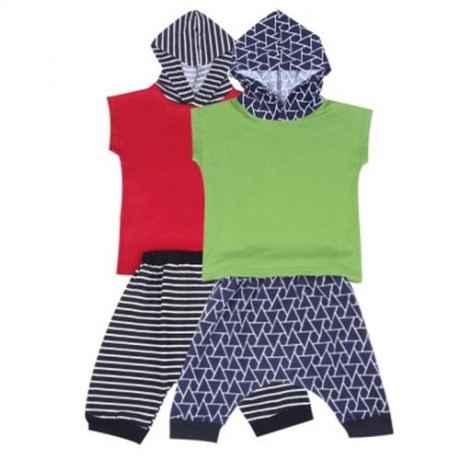 QIANQUHUI 2PCS KIDS SLEEVELESS HOODED TOP PATTERNS TROUSERS (GREEN)