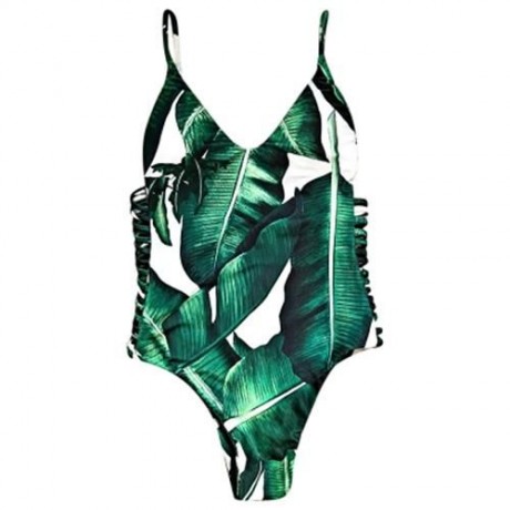 SEXY SPAGHETTI STRAP LEAF PRINT CUT OUT BACKLESS WOMEN SWIMSUIT (GREEN)