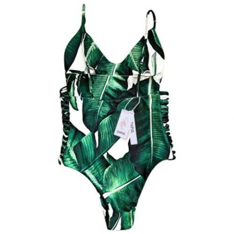SEXY SPAGHETTI STRAP LEAF PRINT CUT OUT BACKLESS WOMEN SWIMSUIT (GREEN)
