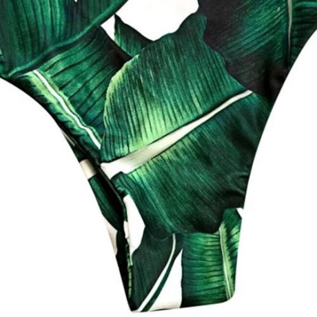 SEXY SPAGHETTI STRAP LEAF PRINT CUT OUT BACKLESS WOMEN SWIMSUIT (GREEN)