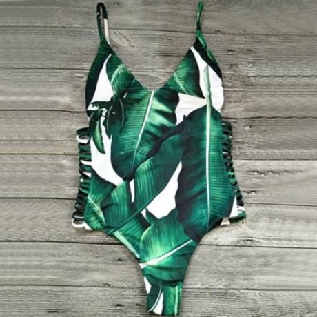 SEXY SPAGHETTI STRAP LEAF PRINT CUT OUT BACKLESS WOMEN SWIMSUIT (GREEN)