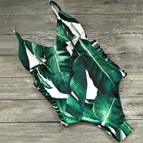 SEXY SPAGHETTI STRAP LEAF PRINT CUT OUT BACKLESS WOMEN SWIMSUIT (GREEN)