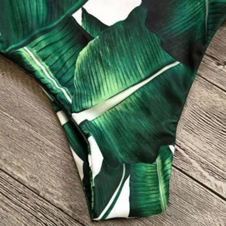 SEXY SPAGHETTI STRAP LEAF PRINT CUT OUT BACKLESS WOMEN SWIMSUIT (GREEN)