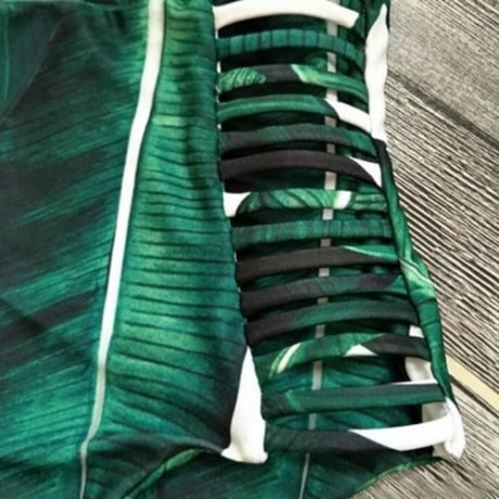 SEXY SPAGHETTI STRAP LEAF PRINT CUT OUT BACKLESS WOMEN SWIMSUIT (GREEN)