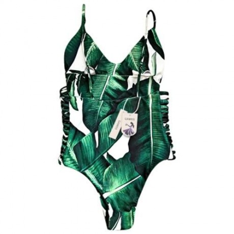 SEXY SPAGHETTI STRAP LEAF PRINT CUT OUT BACKLESS WOMEN SWIMSUIT (GREEN)