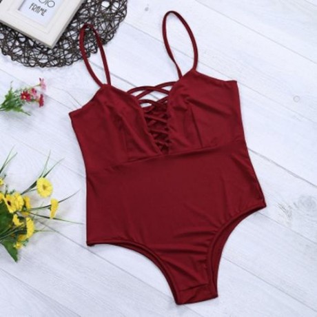 SPAGHETTI STRAP HOLLOW OUT LACE-UP BACKLESS WOMEN SWIMSUIT (BLACK)