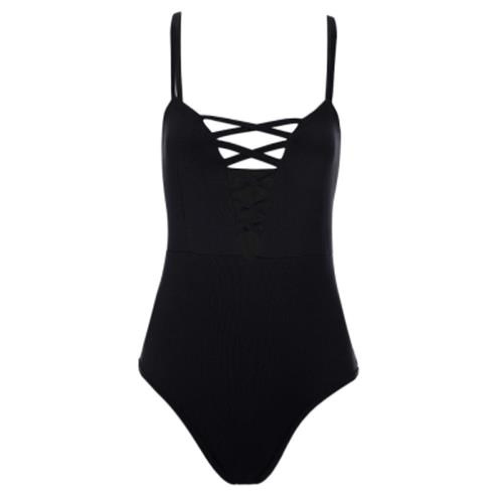 SPAGHETTI STRAP HOLLOW OUT LACE-UP BACKLESS WOMEN SWIMSUIT (BLACK)