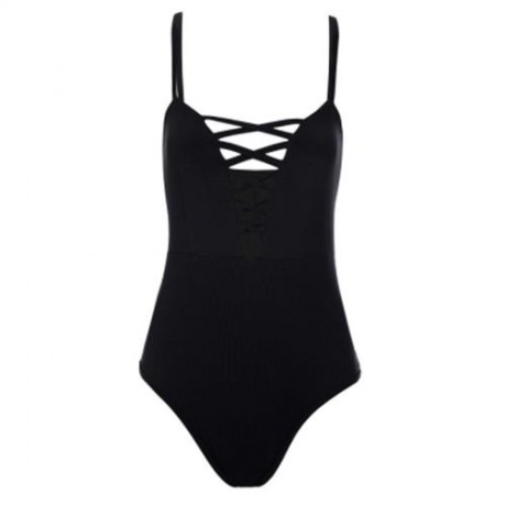SPAGHETTI STRAP HOLLOW OUT LACE-UP BACKLESS WOMEN SWIMSUIT (BLACK)