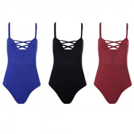 SPAGHETTI STRAP HOLLOW OUT LACE-UP BACKLESS WOMEN SWIMSUIT (BLACK)