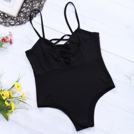 SPAGHETTI STRAP HOLLOW OUT LACE-UP BACKLESS WOMEN SWIMSUIT (BLACK)