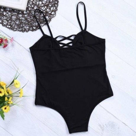SPAGHETTI STRAP HOLLOW OUT LACE-UP BACKLESS WOMEN SWIMSUIT (BLACK)