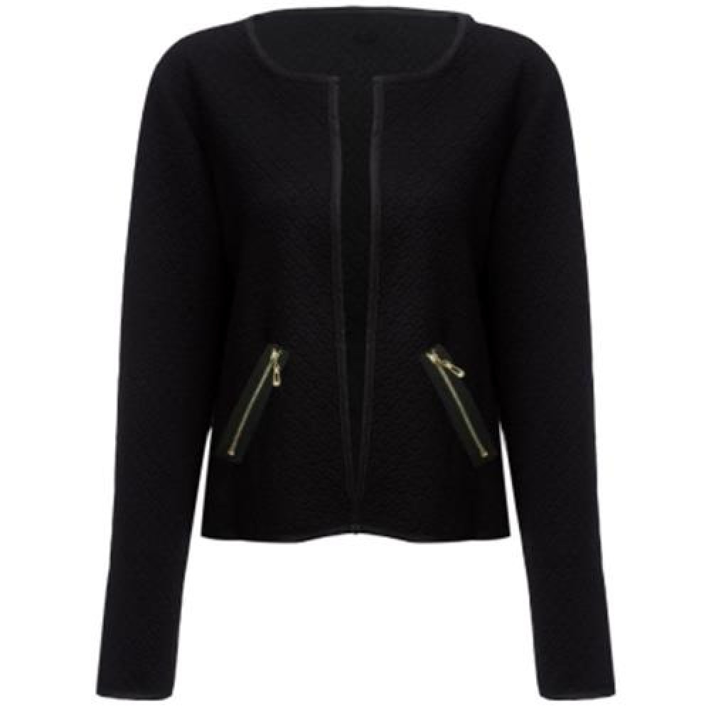 ROUND COLLAR LONG SLEEVE DECORATIVE POCKET WOMEN COAT (BLACK)