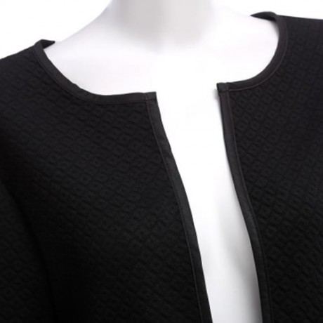 ROUND COLLAR LONG SLEEVE DECORATIVE POCKET WOMEN COAT (BLACK)