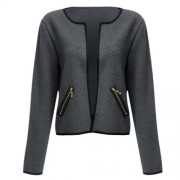 ROUND COLLAR LONG SLEEVE DECORATIVE POCKET WOMEN COAT (GRAY)