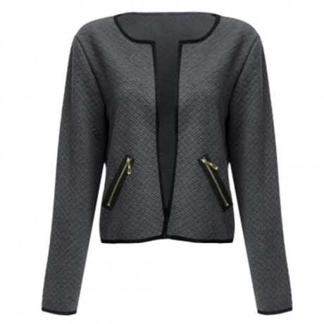 ROUND COLLAR LONG SLEEVE DECORATIVE POCKET WOMEN COAT (GRAY)
