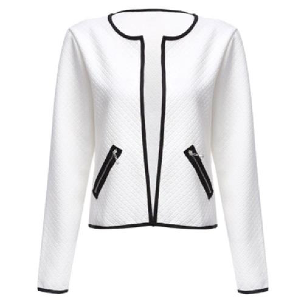 ROUND COLLAR LONG SLEEVE DECORATIVE POCKET WOMEN COAT (WHITE)
