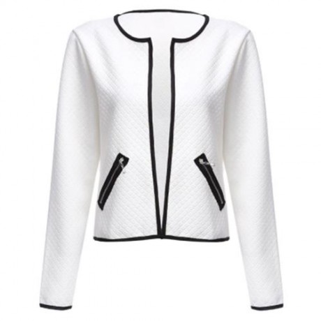 ROUND COLLAR LONG SLEEVE DECORATIVE POCKET WOMEN COAT (WHITE)