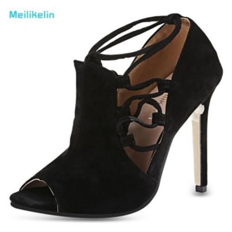 MEILIKELIN OPEN TOE LACE LADIES THIN HEEL SANDALS (BLACK)