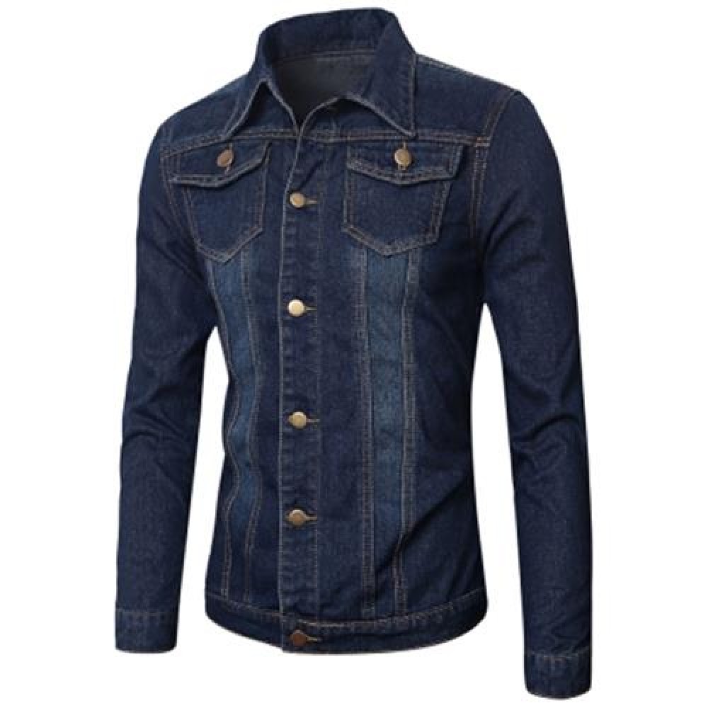 POCKETS EMBELLISHED TURN-DOWN COLLAR DENIM JECKET (BLUE)