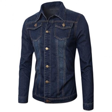 POCKETS EMBELLISHED TURN-DOWN COLLAR DENIM JECKET (BLUE)