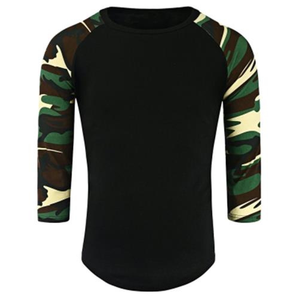 CREW NECK CAMOUFLAGE PANEL HALF RAGLAN SLEEVE T-SHIRT (BLACK)