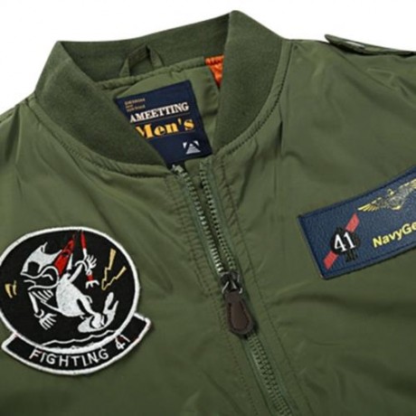 BADGE PATCHED ZIP UP BOMBER JACKET (ARMY GREEN)