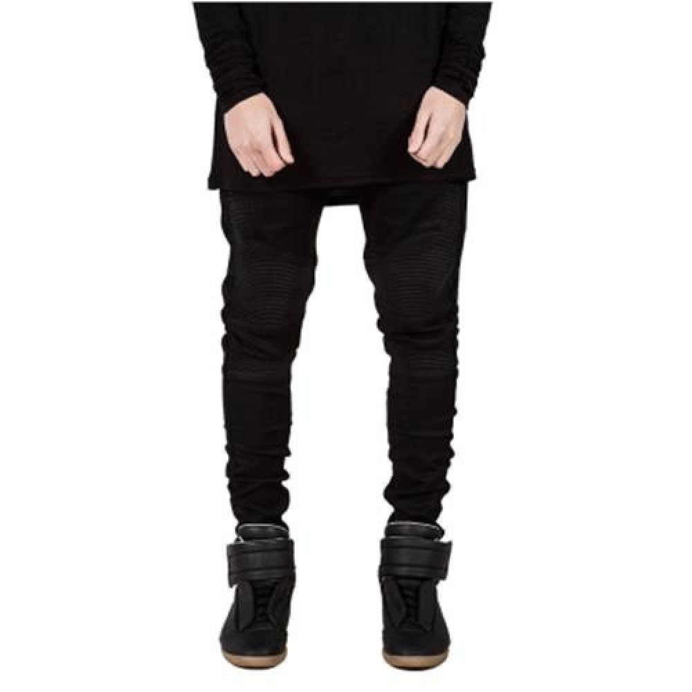CASUAL DRAPE DECORATION MALE SLIM FIT PENCIL JEANS (BLACK)