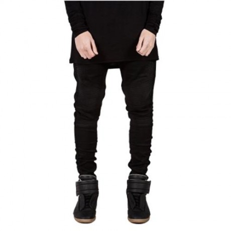 CASUAL DRAPE DECORATION MALE SLIM FIT PENCIL JEANS (BLACK)