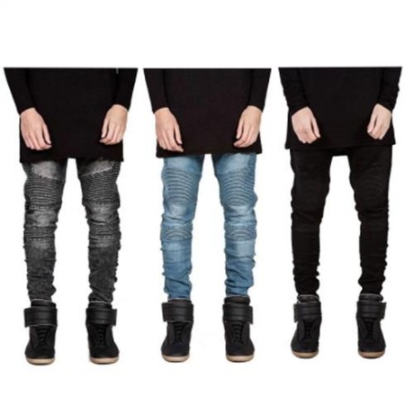 CASUAL DRAPE DECORATION MALE SLIM FIT PENCIL JEANS (BLACK)