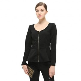BRIEF LONG SLEEVE V NECK RUFFLED ZIPPER WOMEN COAT (BLACK)