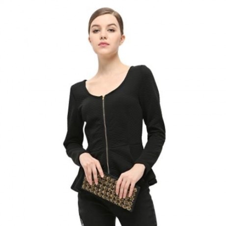 BRIEF LONG SLEEVE V NECK RUFFLED ZIPPER WOMEN COAT (BLACK)
