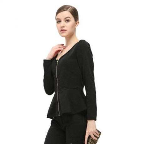 BRIEF LONG SLEEVE V NECK RUFFLED ZIPPER WOMEN COAT (BLACK)