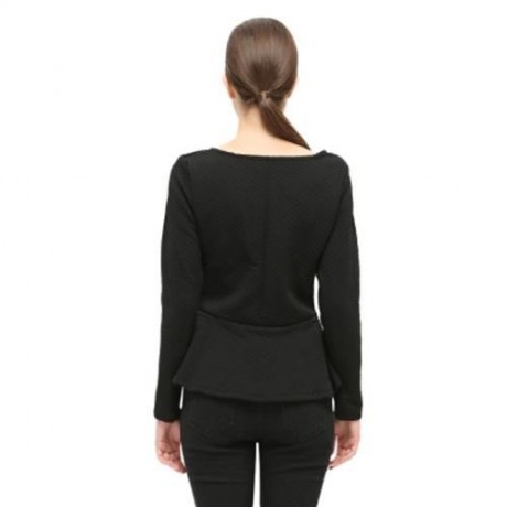 BRIEF LONG SLEEVE V NECK RUFFLED ZIPPER WOMEN COAT (BLACK)