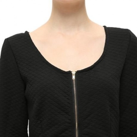 BRIEF LONG SLEEVE V NECK RUFFLED ZIPPER WOMEN COAT (BLACK)