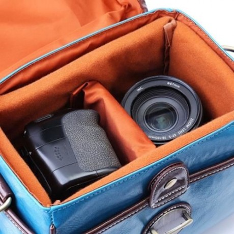 RETRO COLOR PU DSLR CAMERA WATERPROOF PHOTOGRAPHY HANDBAG SHOULDER BAG (LAKE BLUE)