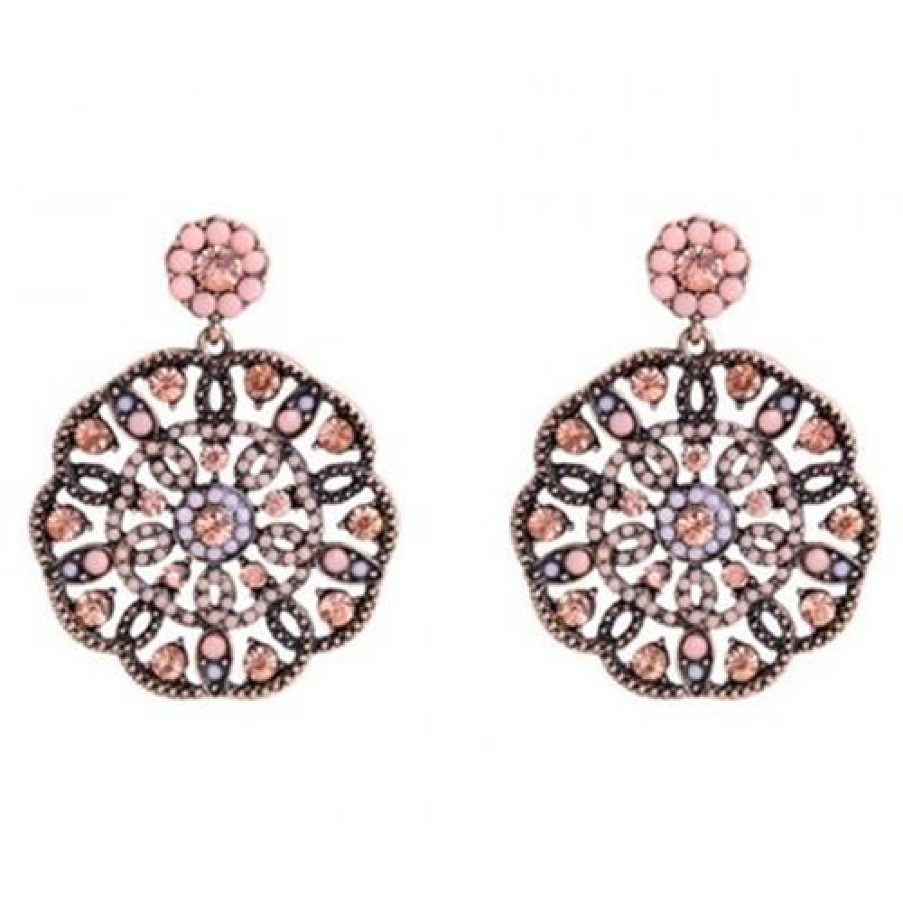 PAIR OF STYLISH WOMEN'S RHINESTONE OPENWORK FLOWER PENDANT EARRINGS (PINK)