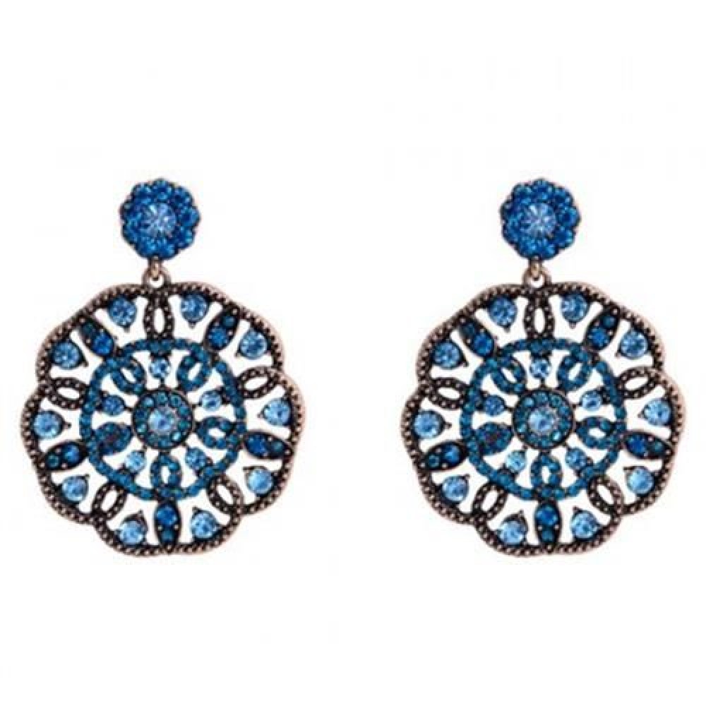 PAIR OF STYLISH WOMEN'S RHINESTONE OPENWORK FLOWER PENDANT EARRINGS (BLUE)