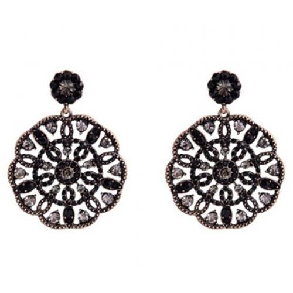 PAIR OF STYLISH WOMEN'S RHINESTONE OPENWORK FLOWER PENDANT EARRINGS (BLACK)